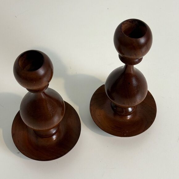 2 Vintage Turned Wood Spindle Candle Holders 6:5” - Picture 2 of 7